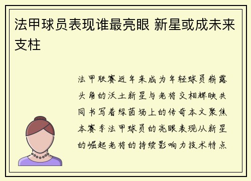 法甲球员表现谁最亮眼 新星或成未来支柱