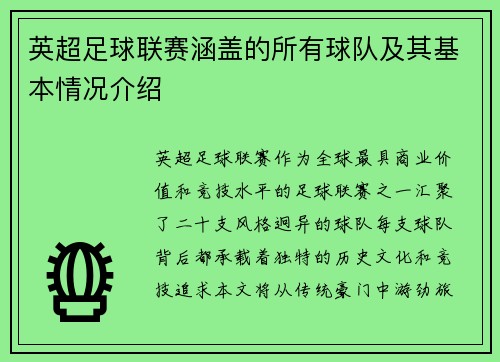 英超足球联赛涵盖的所有球队及其基本情况介绍