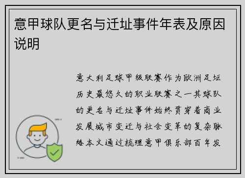 意甲球队更名与迁址事件年表及原因说明