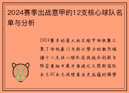2024赛季出战意甲的12支核心球队名单与分析
